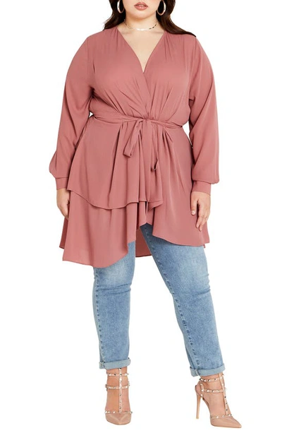 City Chic Sibara Long Sleeve Tunic Top In Papaya