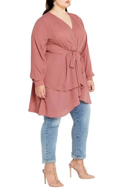 City Chic Sibara Long Sleeve Tunic Top In Papaya