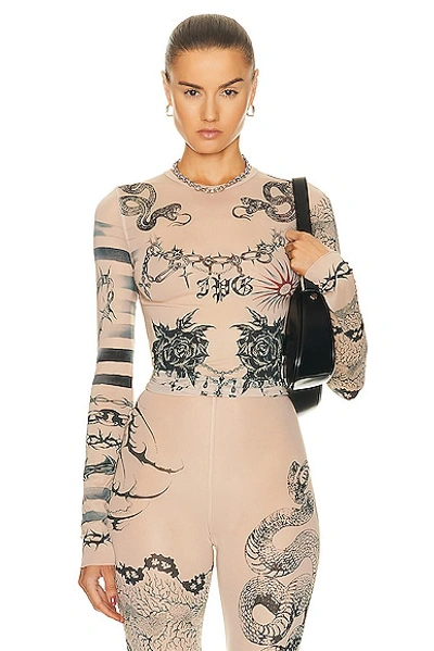 Shop Jean Paul Gaultier X Knwls Crew Neck Long Sleeve Printed Trompe Loeil Tatoo Top In Nude  Grey  & Black