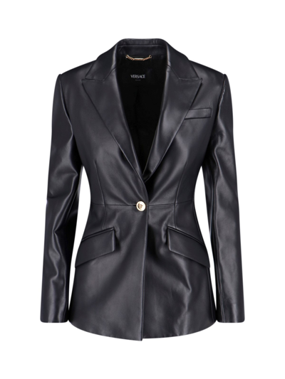 Shop Versace Leather Blazer Jacket In Black  