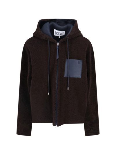 Shop Loewe Shearling Hooded Jacket In Brown