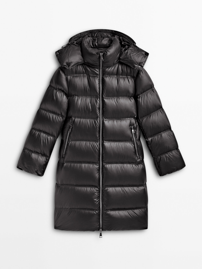 Massimo Dutti Long Jacket With Down And Feathers Filling And Contrast Hood In Schwarz