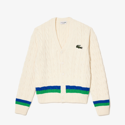 Shop Lacoste Unisex Cable Knit Striped Cardigan - Xl In White