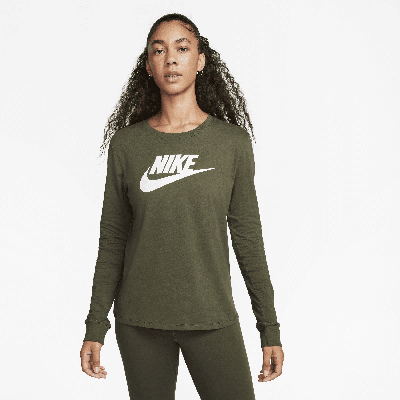 Shop Nike Women's  Sportswear Essentials Long-sleeve Logo T-shirt In Green