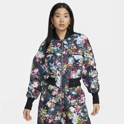 Shop Nike Women's  Sportswear Tech Pack Therma-fit Oversized Reversible Floral Bomber Jacket In Red
