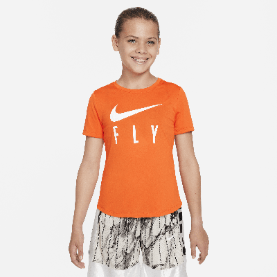 Shop Nike Dri-fit One Swoosh Fly Big Kids' (girls') T-shirt In Orange