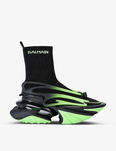 Shop Balmain Men's Blk/green Unicorn Pointed-toe Woven High-top Trainers In Black