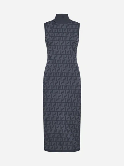 Shop Fendi Ff Viscose-blend Mini Dress In Blue,grey