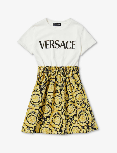 Shop Versace Girls White+blac Kids Barocco-print Cotton-jersey Dress 6-14 Years