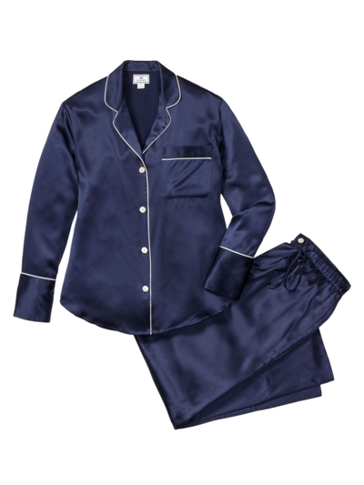 Shop Petite Plume Wide-cuff Silk Pajama Set In Navy