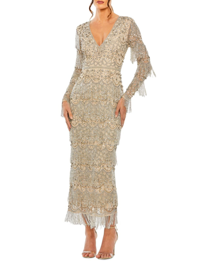 Shop Mac Duggal Women's Fringe Crystal-embellished Maxi Dress In Beige Silver