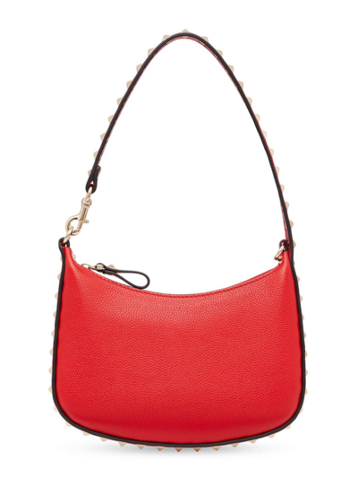 Shop Valentino Women's Mini Rockstud Hobo Bag In Grainy Calfskin In Rouge Pur