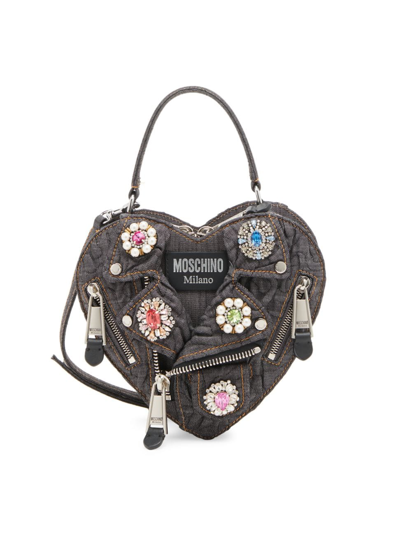 Shop Moschino Women's Jewel Heart Biker Jacket Bag In Black Denim