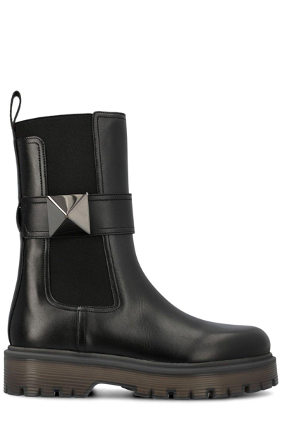 Shop Valentino Garavani One Stud Beatle Round Toe Boots In Black