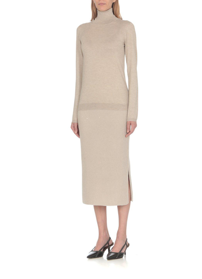 Shop Brunello Cucinelli Knitted Midi Skirt In Sand
