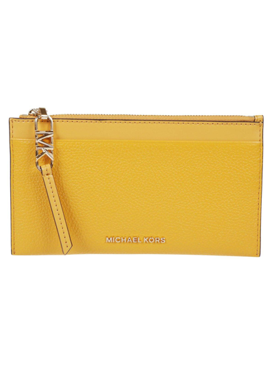 Shop Michael Kors Logo Plaque Zipped Wallet In Golden Rod