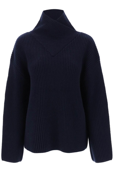 Shop Totême Sweater With Wrapped Funnel Neck In Blue