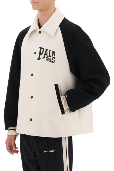 Shop Palm Angels Wool Varsity Jacket With Embroidery In White,black