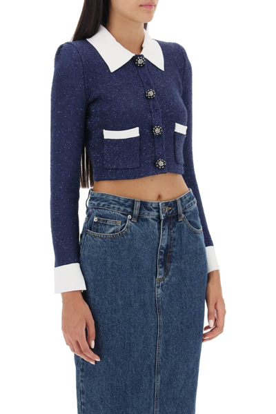 Shop Self-portrait Sequined Cropped Cardigan In Blue,white