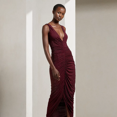 Shop Ralph Lauren Daemyn Embellished Jersey Evening Dress In Crimson