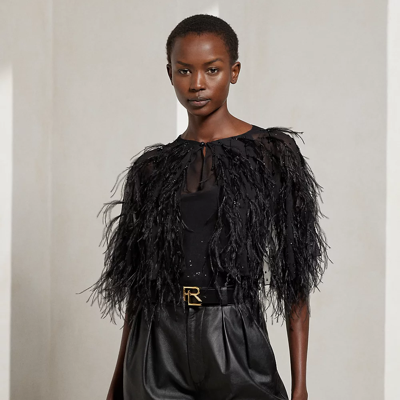 Shop Ralph Lauren Kerenza Silk Chiffon & Ostrich Blouse In Black