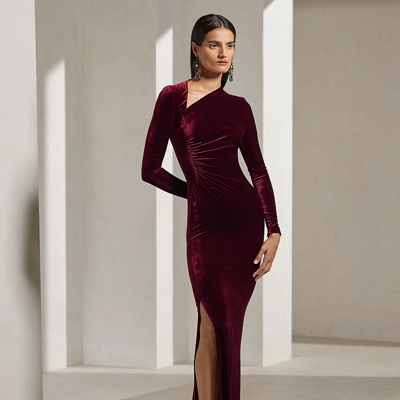 Shop Ralph Lauren Kinslee Velvet Long-sleeve Evening Dress In Crimson