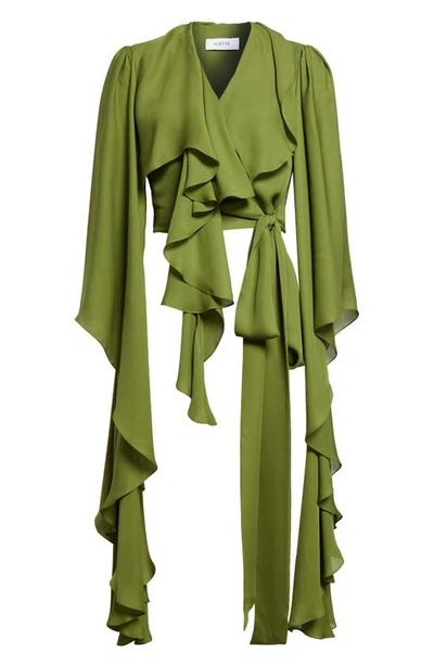 Shop Aliétte Drapy Crop Wrap Silk Blouse In Green