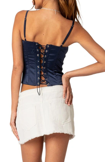 Edikted Arabelle Colorblock Lace-up Satin Corset Top In Navy