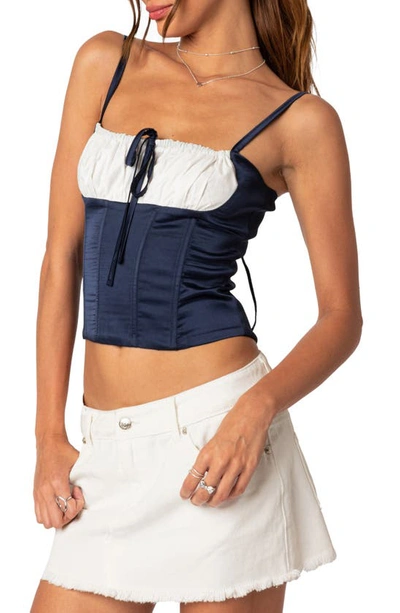 Edikted Arabelle Colorblock Lace-up Satin Corset Top In Navy