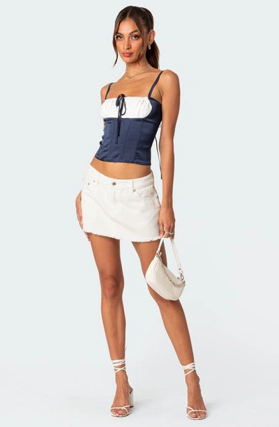 Edikted Arabelle Colorblock Lace-up Satin Corset Top In Navy