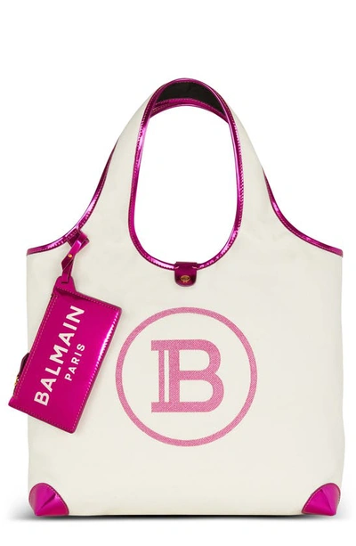 Balmain B Army Large Grocery Canvas Tote Bag In Gox White/fuschia