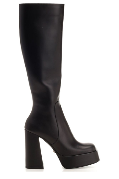 Shop Versace Square Toe Block Heeled Boots In Black