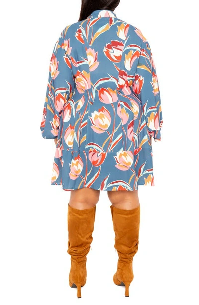 Buxom Couture Floral Balloon Long Sleeve Shirtdress In Teal Multi