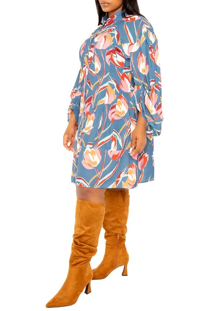 Buxom Couture Floral Balloon Long Sleeve Shirtdress In Teal Multi