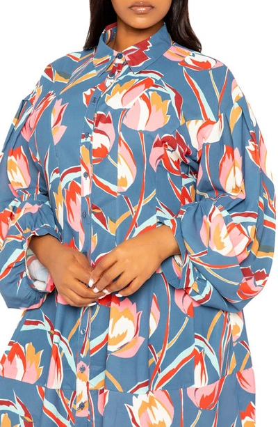 Buxom Couture Floral Balloon Long Sleeve Shirtdress In Teal Multi