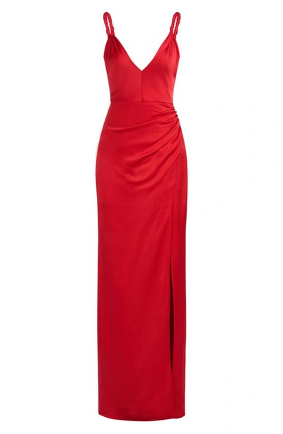Shop Halston Yvette Side Ruched Satin Gown In Crimson