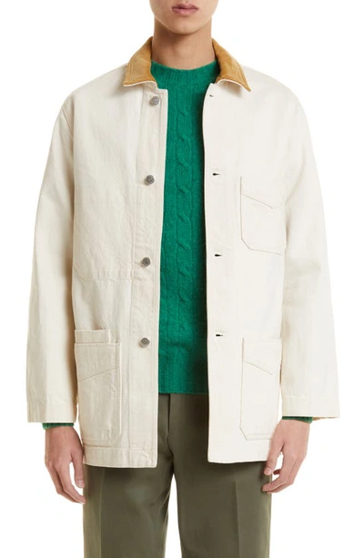 Shop Drake's Corduroy Collar Heavy Cotton Twill Chore Coat In Ecru