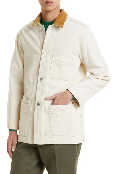 Shop Drake's Corduroy Collar Heavy Cotton Twill Chore Coat In Ecru