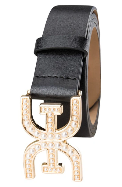Shop Sam Edelman Imitation Pearl Logo Plaque Belt In Black
