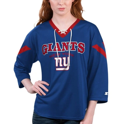 Shop Starter Royal New York Giants Rally Lace-up 3/4 Sleeve T-shirt