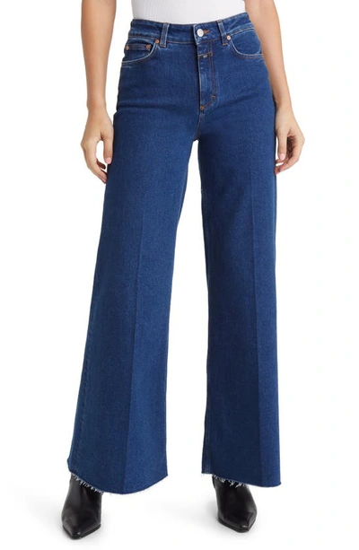 Shop Closed Glow Up Raw Hem Wide Leg Jeans In Dark Blue