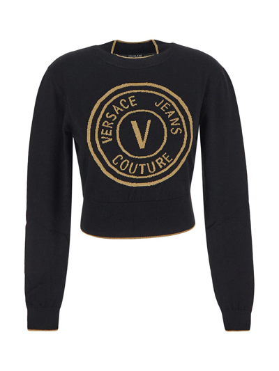Shop Versace Jeans Couture Lurex Intarsia Logo Sweater In Black