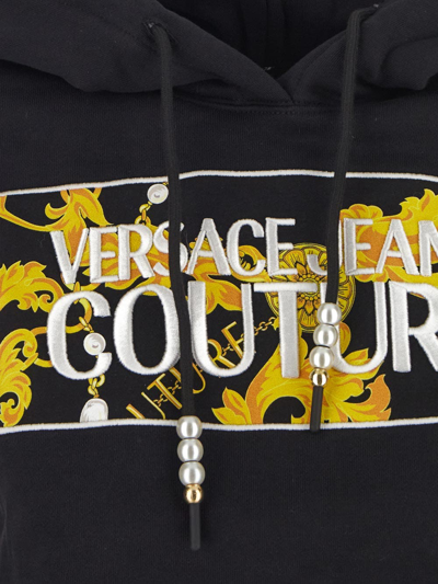 Shop Versace Jeans Couture Couture Logo Embroidery Cropped Hoodie In Black
