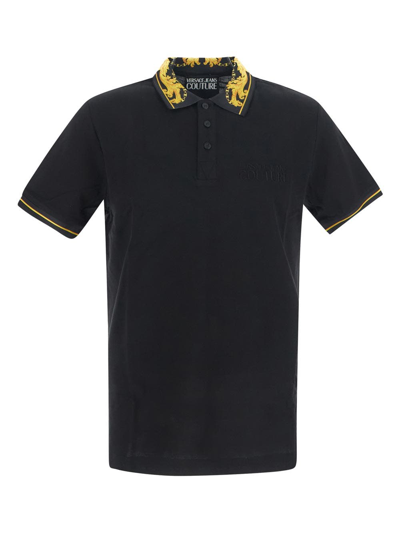 Shop Versace Jeans Couture Couture Print Collar Polo Shirt In Black