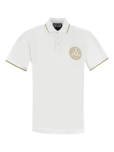Shop Versace Jeans Couture Shiny Logo Embroidery Polo Shirt In White