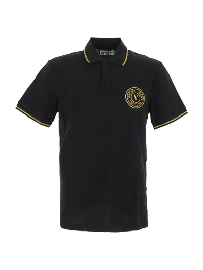 Shop Versace Jeans Couture Shiny Logo Embroidery Polo Shirt In Black