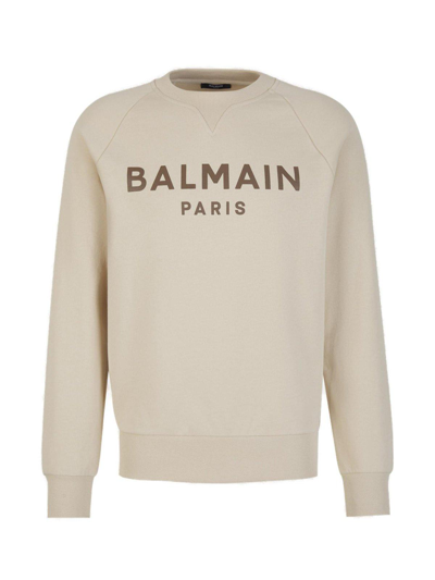 Shop Balmain Logo Printed Crewneck Sweatshirt In Neutrals