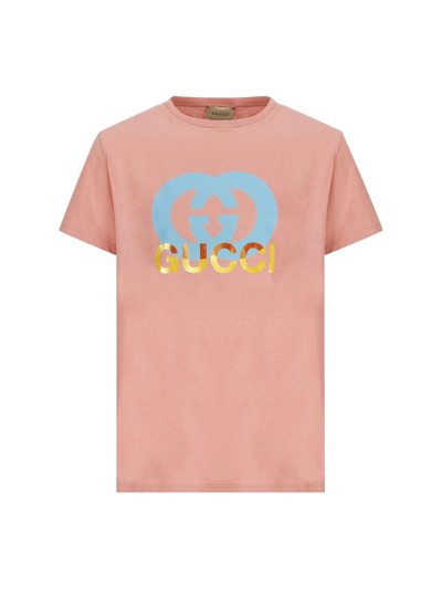 Shop Gucci Logo Printed Crewneck T-shirt In Rosa
