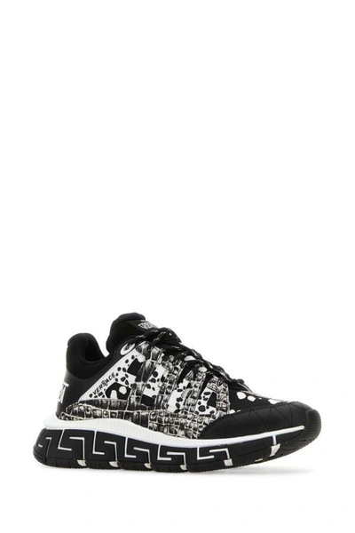 Shop Versace Man Two-tone Leather And Fabric Trigreca Sneakers In Multicolor