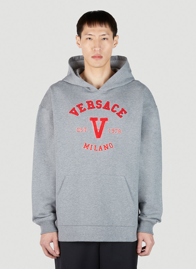 Shop Versace Men Varsity Logo Patch Hooded Sweatshirt In Gray